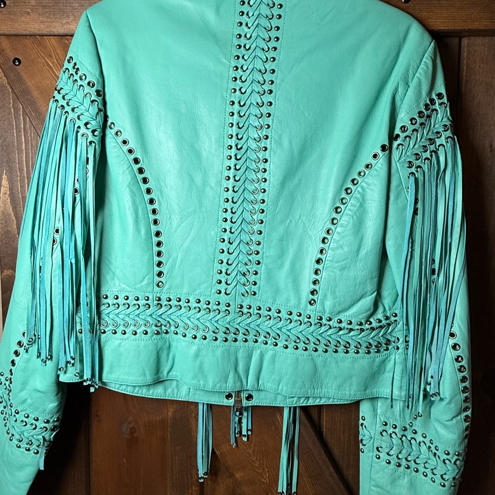 Double D Ranch Turquoise Studded Fringe Leather Jacket - Picture 7 of 10